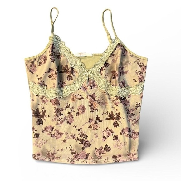 Pink Rose Tops - Baby doll green floral cami with lace
